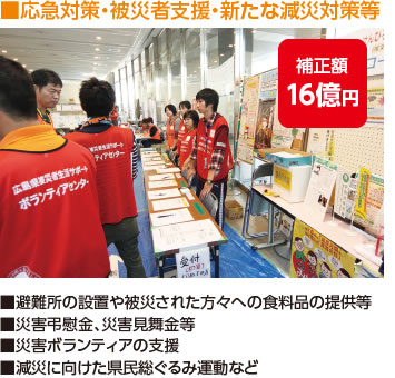 ■応急対策・被災者支援・新たな減災対策等 補正額16億円 ■避難所の設置や被災された方々への食料品の提供等■災害弔慰金、災害見舞金等■災害ボランティアの支援■減災に向けた県民総ぐるみ運動など