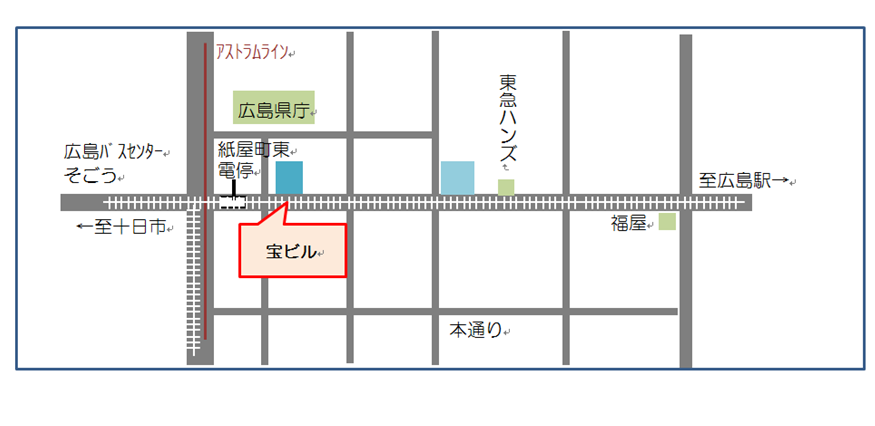 宝ビル地図　広電「紙屋町東」電停降りて徒歩約１分