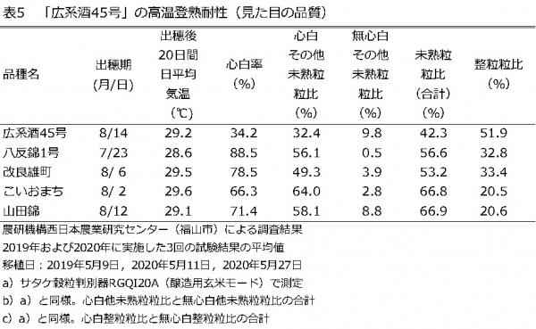 広系酒45号の高温登熟耐性