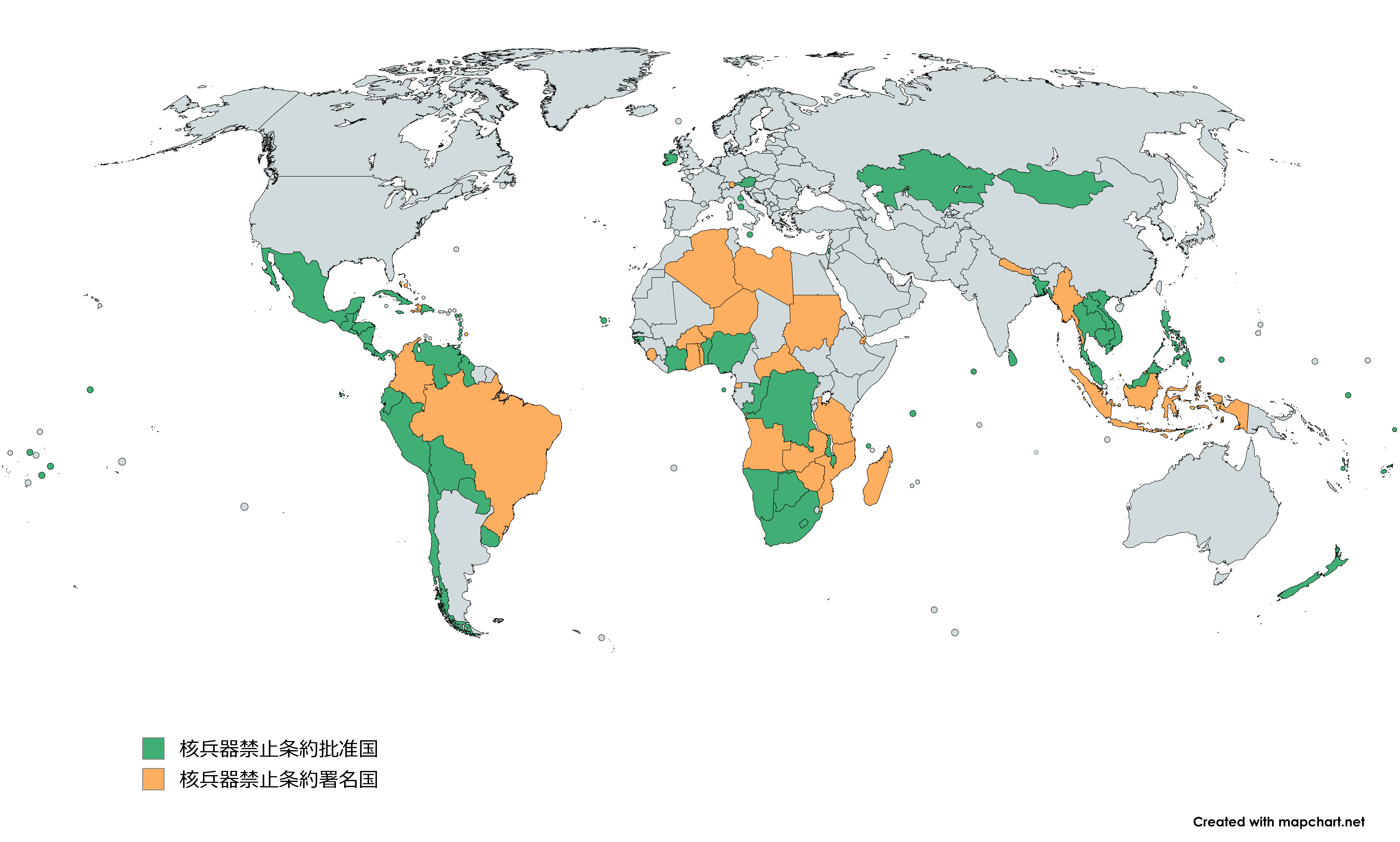 ​核兵器禁止条約批准国マップ（2025年９月25日時点）