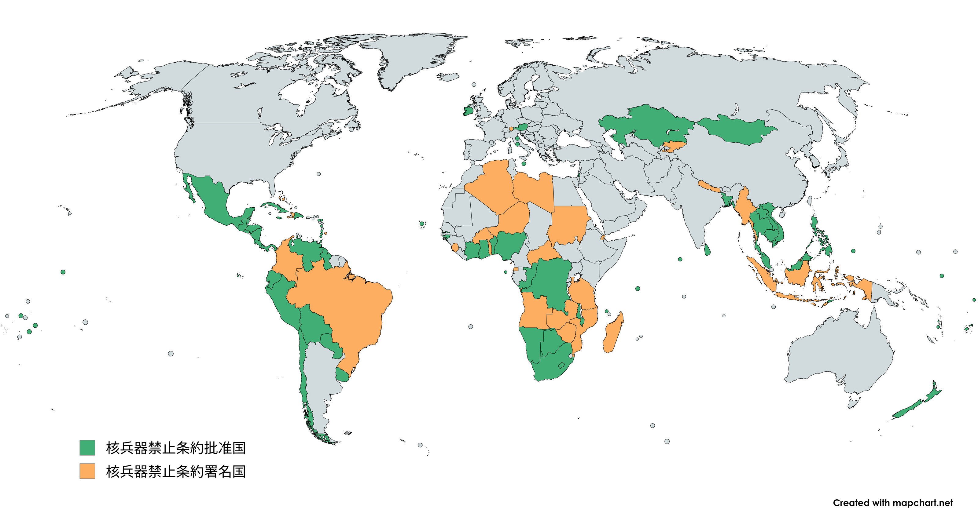 核兵器禁止条約批准国マップ（2025年９月26日時点）