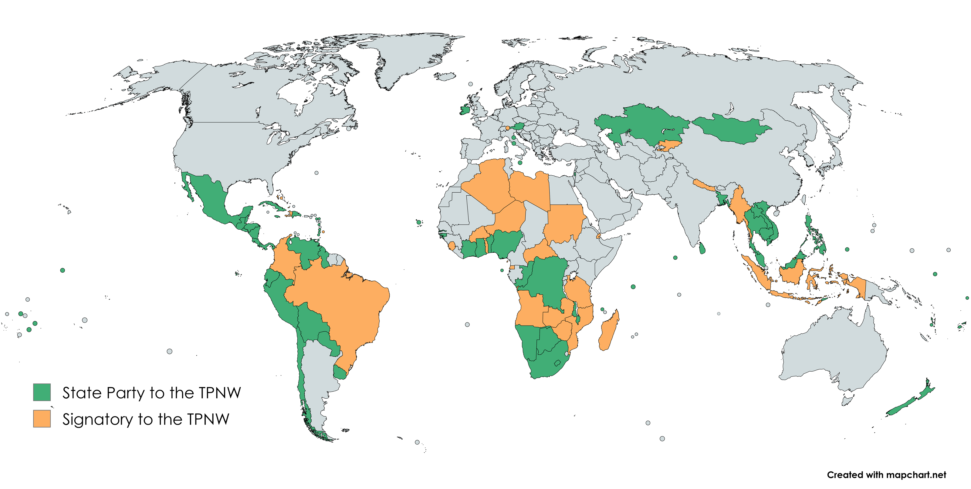 Map of State Parties and Signatories to the Treaty on the Prohibition of Nuclear Weapons as of September 26, 2025