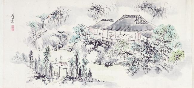 「恥庵追悼詩画巻」の内、双林寺月峯住職が描いた詩会の様子の絵